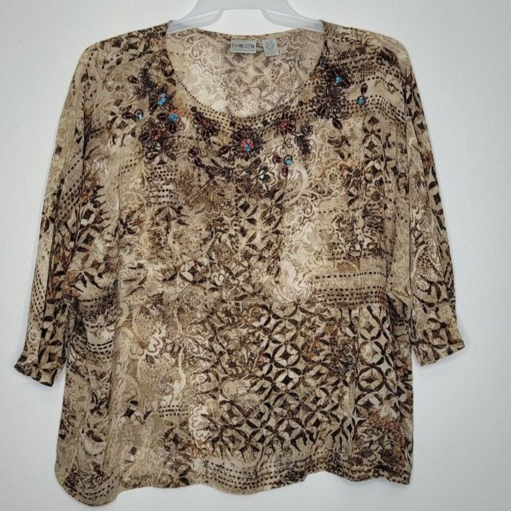 Chico’s brown tan tones silk beaded boho boxy blouse top size Chico’s 3, xl
